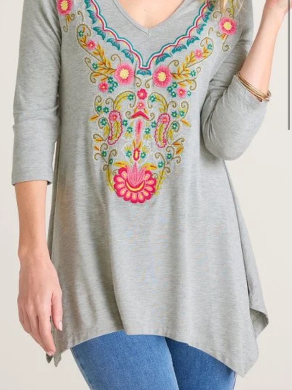 Soft Surroundings Embroidered V-Neck Gray Tunic with Multicolor Floral Motif